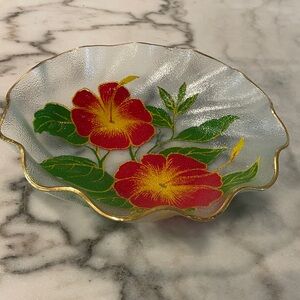 Vintage Hawaiian Hibiscus Glass plate with gold rim